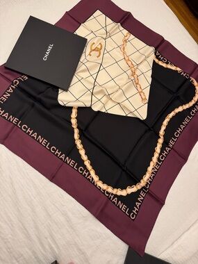CHANEL Two-Tone Silk Logo Chain Print Scarf - Black & Burgundy